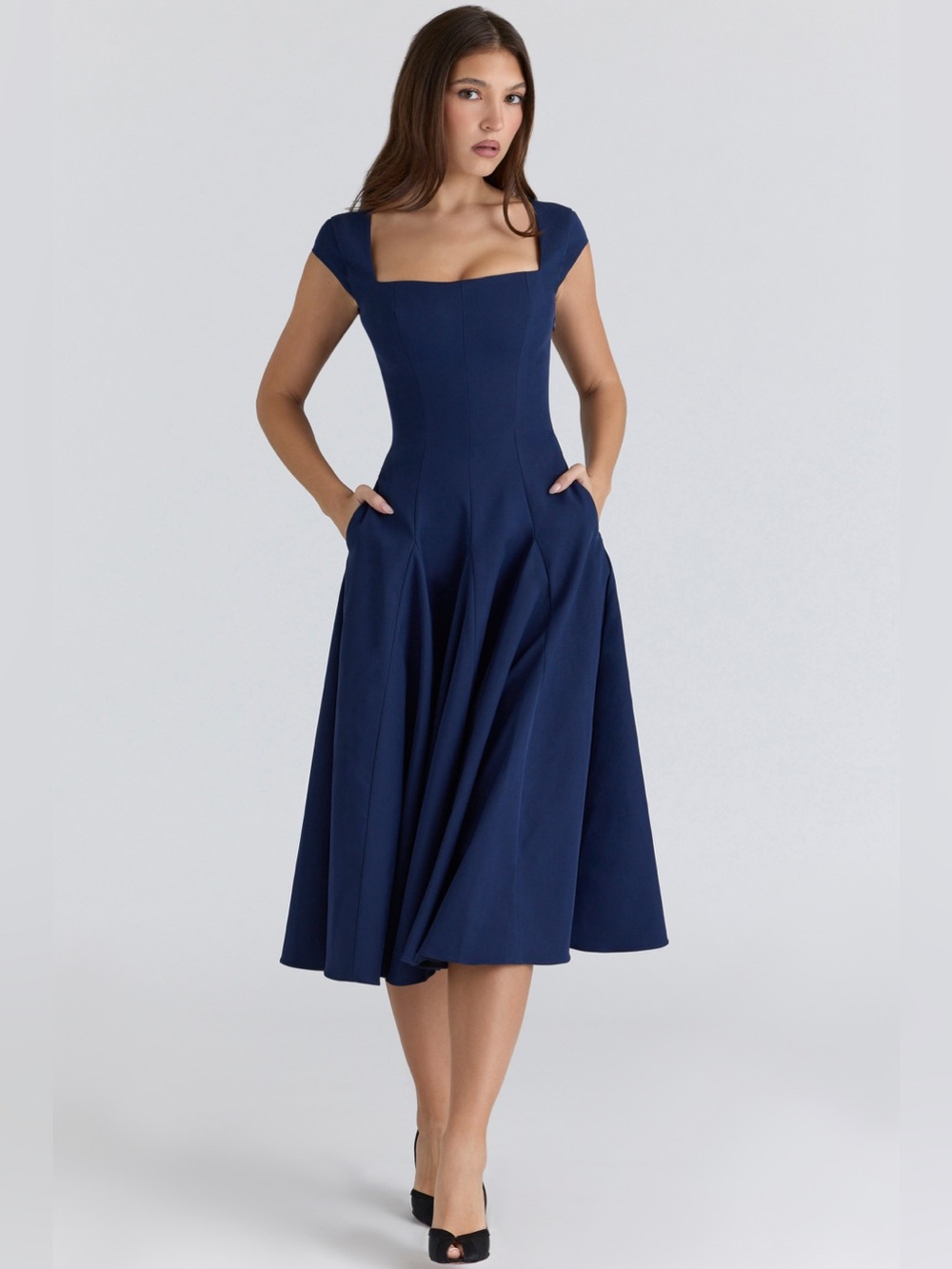 navy Fit-and-Flare Square Neck Midi Dress